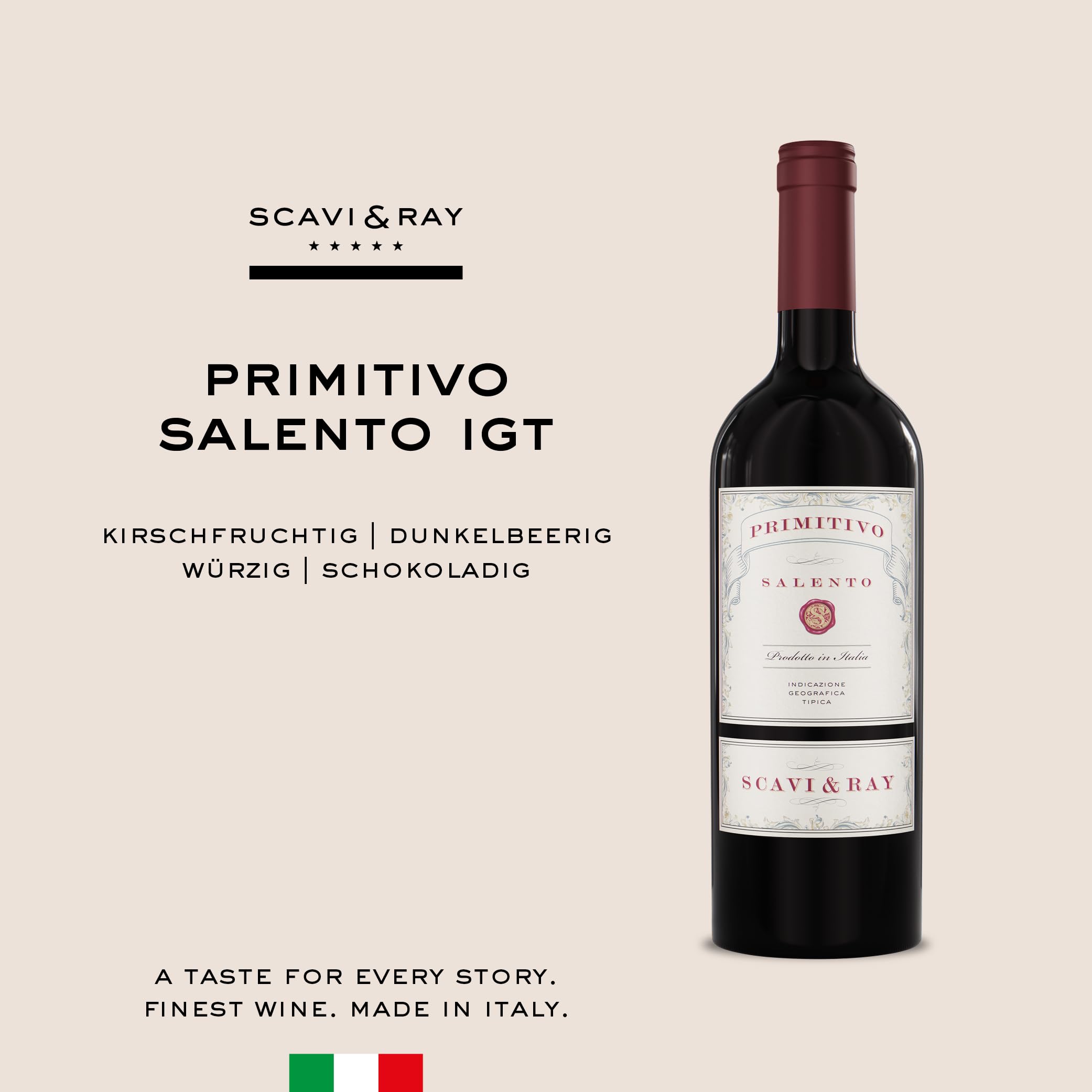 SCAVI & RAY Primitivo Salento IGT Rotwein 13% Vol. - halbtrocken, 6x0,75l | Samtig-weiche Cuvée aus Apulien in Italien, halbtrocken, ideal zu italienischen Gerichten, Gegrilltem und für Genießer