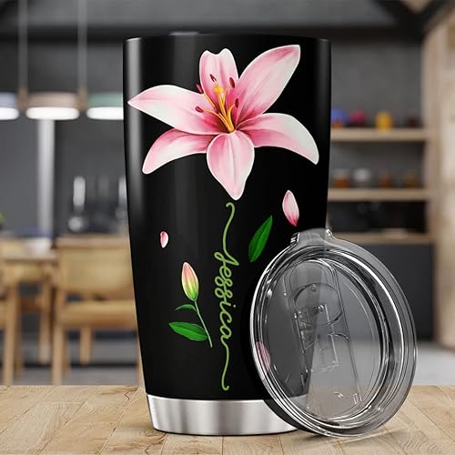 Miniatura 3 de CUBICER Vaso personalizado con aislamiento de lirio con tapa, nombre personalizado, regalos de Navidad para mujeres, amantes de las flores, vasos de