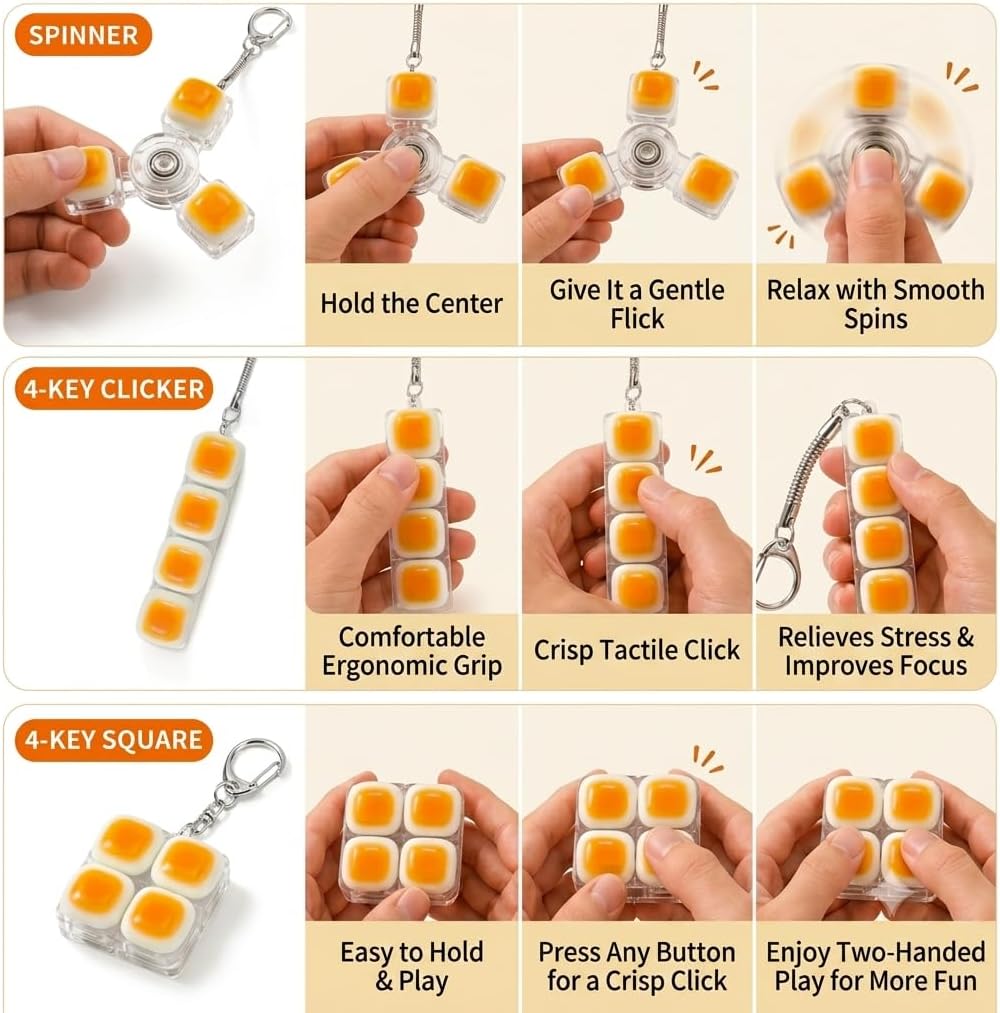 Keyboard Fidget Toy Keychain for Adult: 3 Pack ASMR Clicker Mini Set