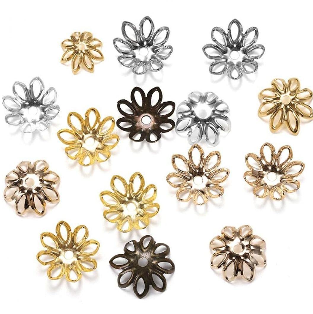 PiniceCore 100pcs Silve Gold Rhodium Bulk Flowers Beads Caps 11 Mm Spacer Loos Charm Bead Cap for Jewelry Making Findings Supplies
