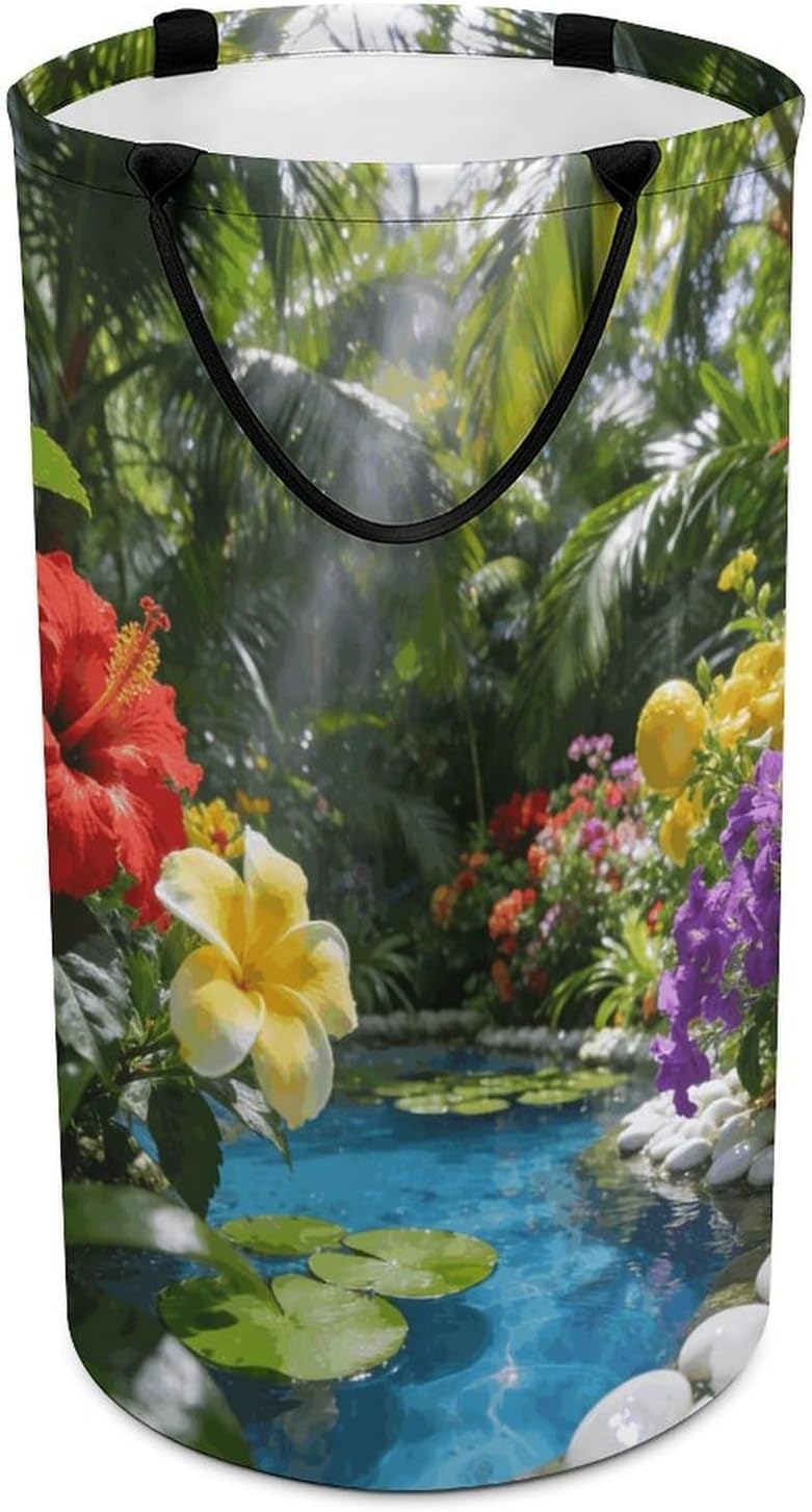 Tropical Garden Laundry Hamper with Handles Waterproof Collapsible Laundry Basket Large Lightweight Round Dirty Clothes Hamper for Home Dorm Bathroom Decor