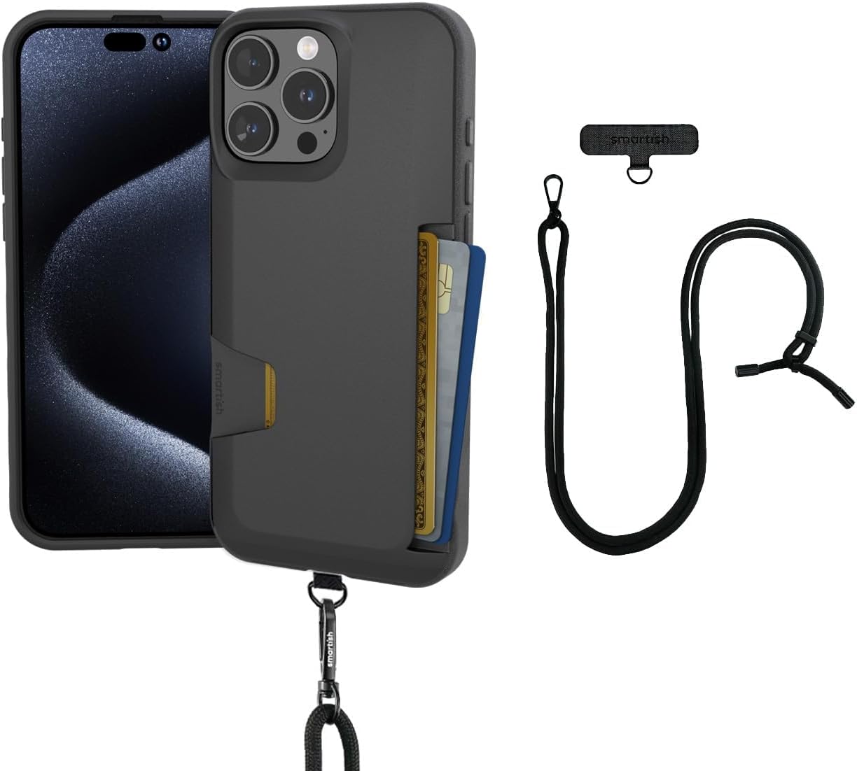 Smartish® iPhone 16 Pro Max Wallet Case with Crossbody Lanyard Strap - Wallet Slayer Vol. 1 - [Slim + Protective] Credit Card Holder with Universal Detachable Shoulder Neck Strap - Black Tie Affair
