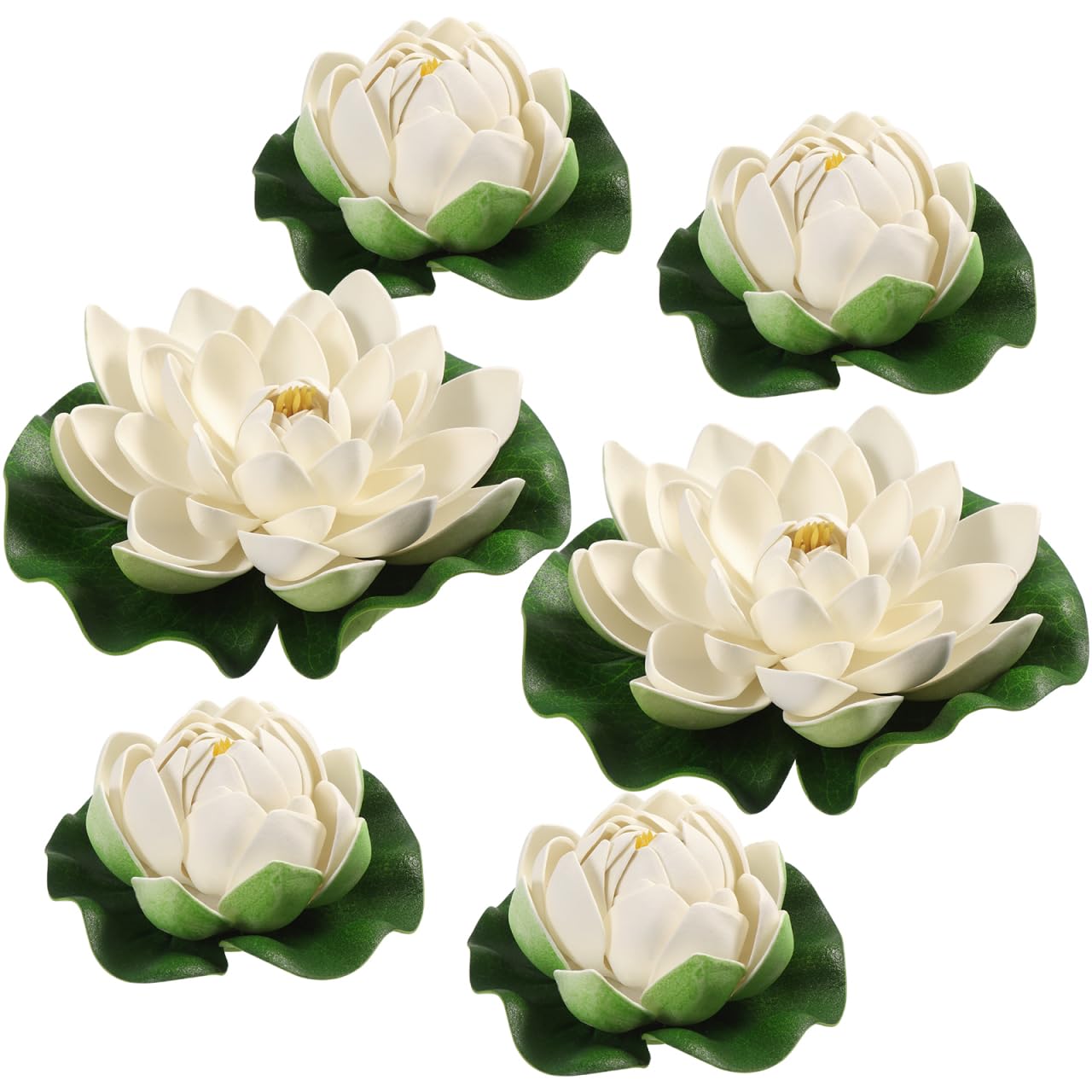 Toyvian 6pcs White Artificial Floating Lotus Flowers 7 Inch Lily Pads 2 Large(18cm) + 4 Small(10cm) Water Lily Pads Floating Pond Plants for Pond Pool Home Aquarium Garden Wedding Decor