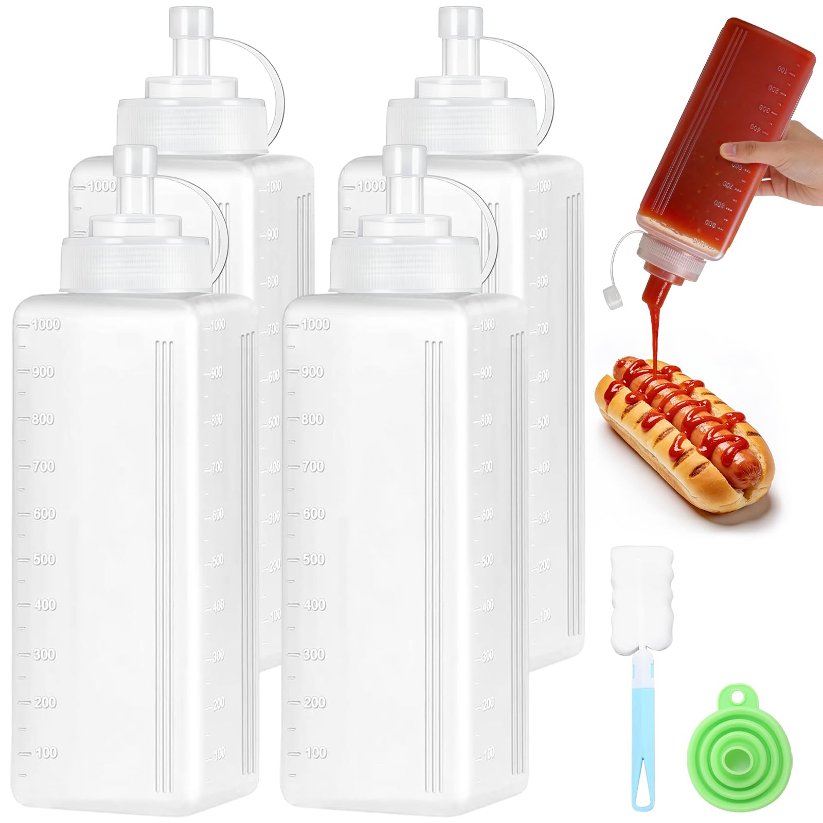 Sinofort 4Pcs 1000ml Sauce Bottle,Plastic Squeezy Bottle With Nozzles