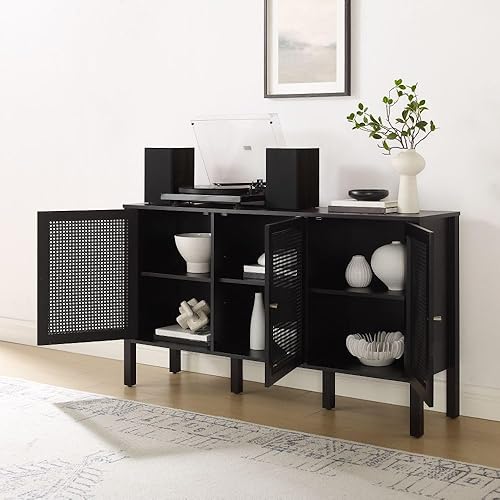 Miniatura 10 de Crosley Furniture Perry - Aparador de ratán moderno con armarios de almacenamiento, Credenza, soporte de TV, color negro