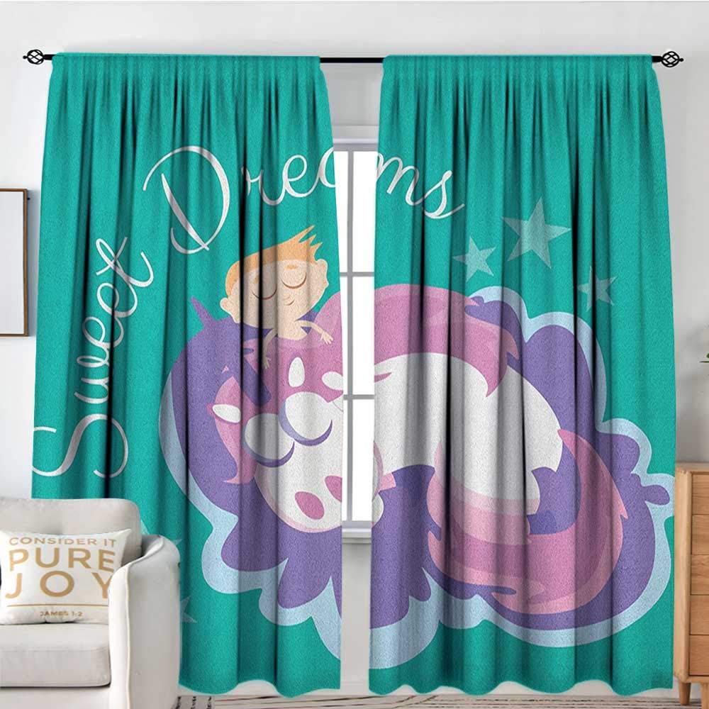 NUOMANAN Rod Pocket Drapes and Curtain Sweet Dreams,Cartoon Fantastic Horse with a Horn Mythical Creature Sleeping Next to a Boy, Multicolor,Customized Curtains 100"x96"