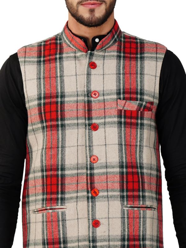 Image of Vastraa Fusion Men's Blue & Grey Chequered Woolen Blended Festive Nehru Jacket /Waistcoat