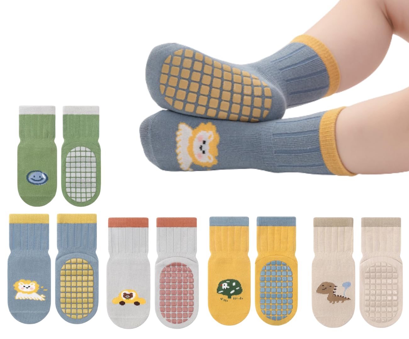 lyonardo Baby Anti-Slip Cotton Ankle Socks with Grips, Toddler Non-Skid Ankle Socks for Boys & Girls, Cartoon Animal & Car Designs (Pack Of 5)-picture-28