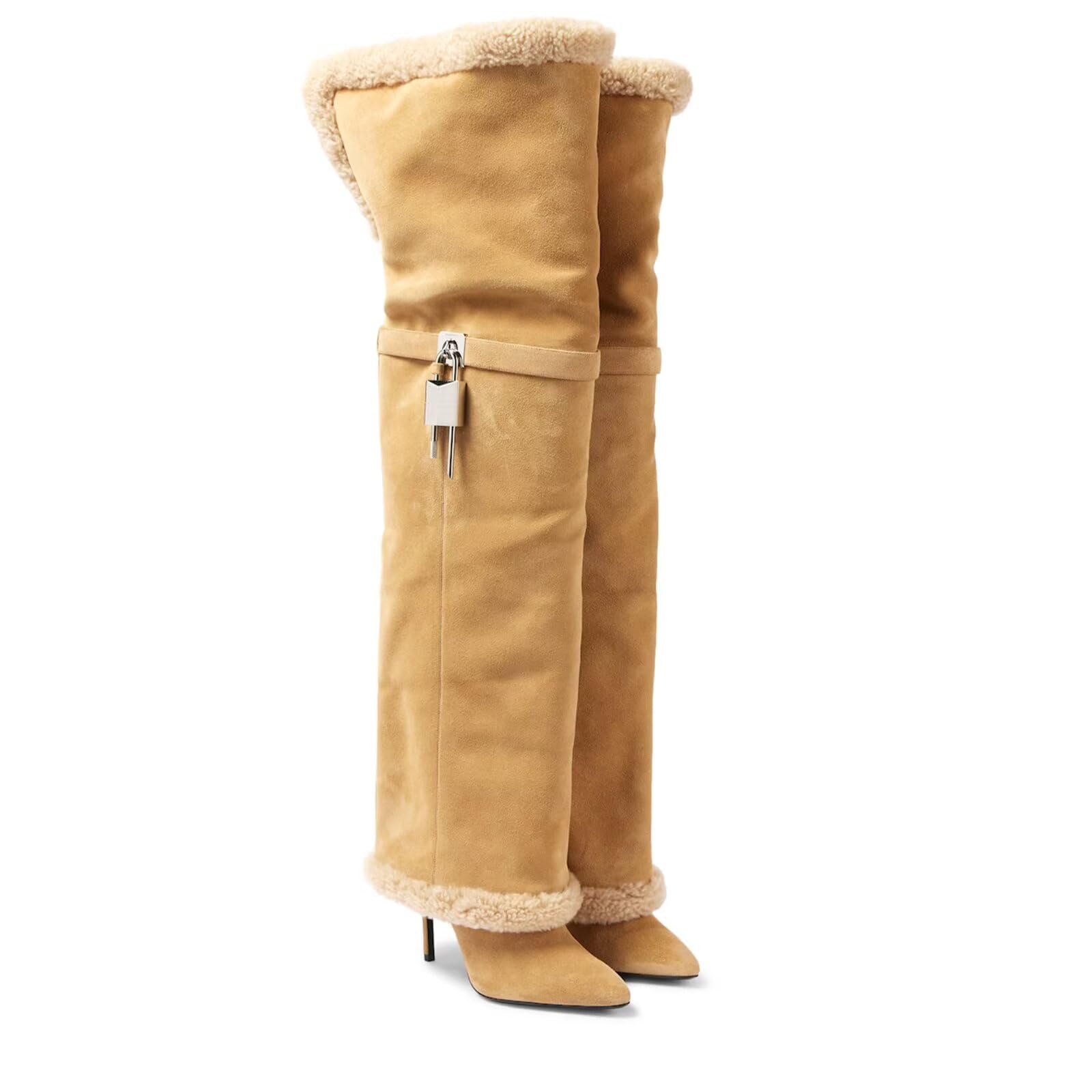 Womens Over The Knee Boots Pointed Toe Stiletto Heels Foldable Shaft Padlock Accent Available in White and Camel