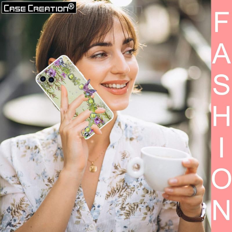 Image of COVERLY Back Cover for iPhone 12 Pro Glitter Luxury Chain Holder Case,Crystal Butterfly Flower Wrist Bracelet Pretty Strap Holder Soft Silicone Cute Full Protective Case for Apple iPhone 12 Pro