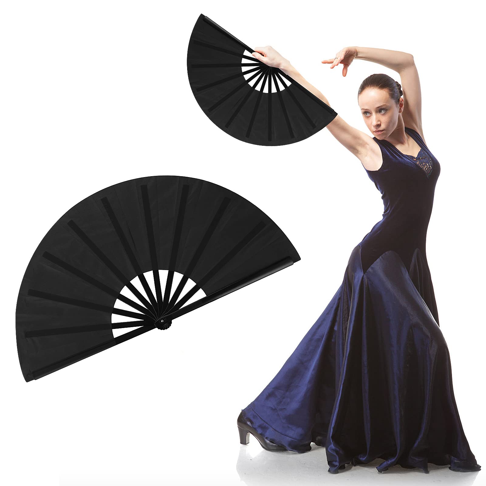 Éventail Noir Pliable 33 Cm - Grand éventail De Carnaval, Danse, Mariage - Nylon - Avec Claquement Sonore