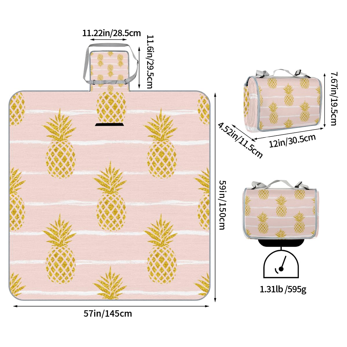 Shimoshe Picnic Blankets 57”x 59”, Gold Pineapple Waterproof Sandproof Picnic Mat Lightweight Foldable Beach Blanket for Camping Park Grass Beach Outdoor Blanket