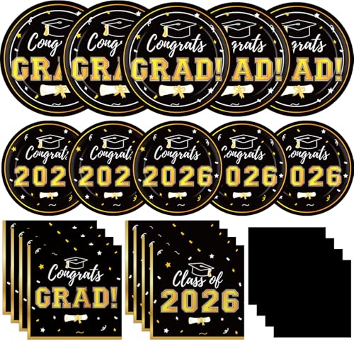 Graduation Decorations 2026 Class of 2026 Congrats Grad Disposable Paper Plates Luncheon Napkins Cocktail Napkins Black Gold Graduation Party Supplies Serve 50