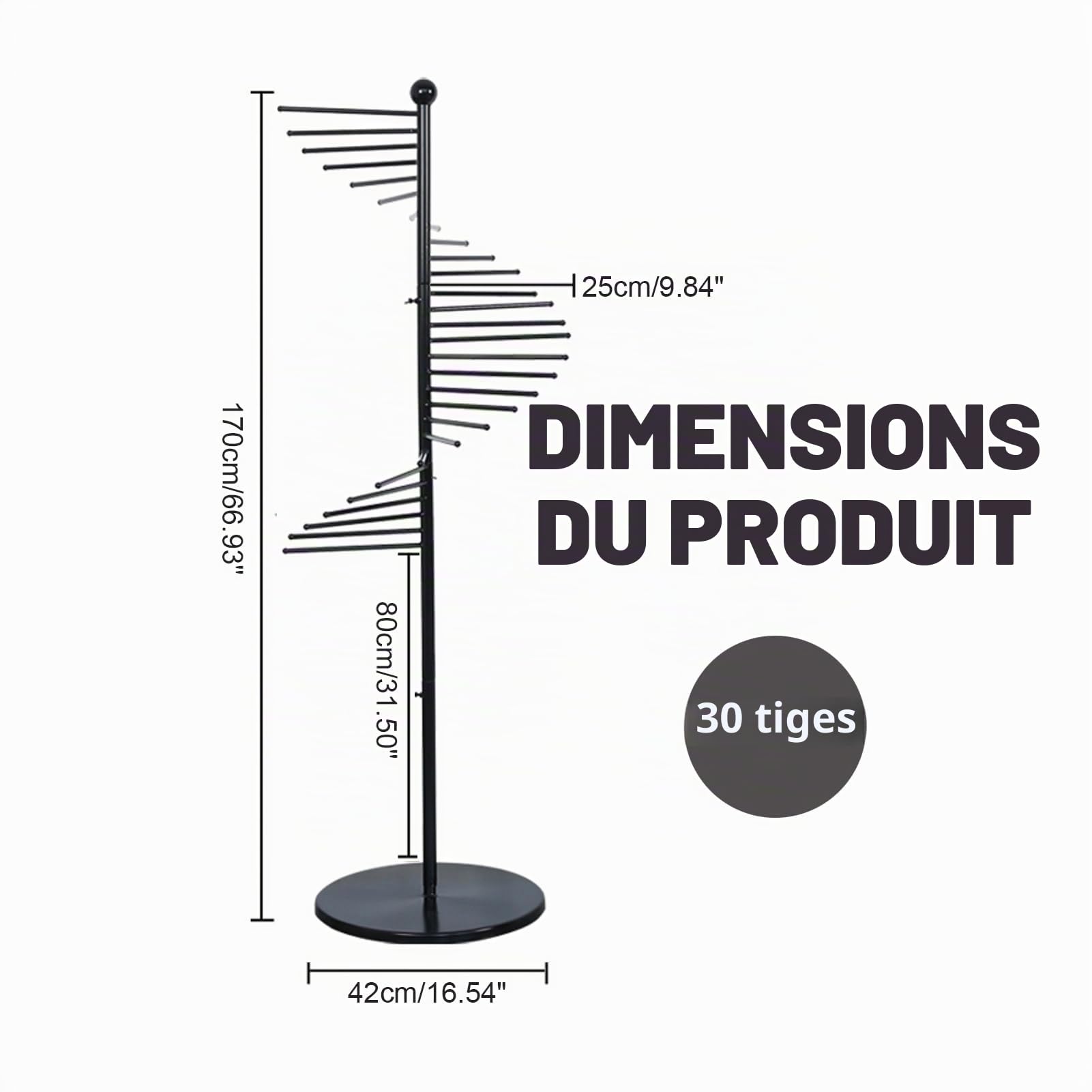 Présentoir autonome en métal pour écharpes en spirale, hijab pour magasin de vêtements, maison commerciale, étagères peu encombrantes (42 x 170 cm, noir)