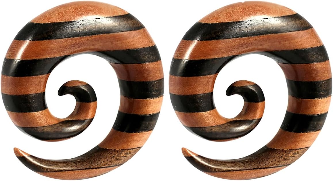 Organic Stripe Iron and Saba Wood Spiral Tapers - Expander - Stretching - Gauge Ear Plug Body Piercing Jewelry