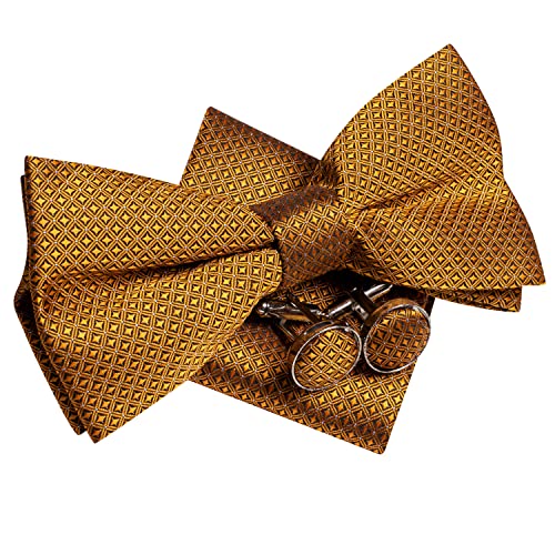 Image of Hi-Tie Bronze Pre-Tied Bowties for Men Silk Geometric Clip On Mens Bowtie Pocket Square Cufflinks Set for Wedding Party