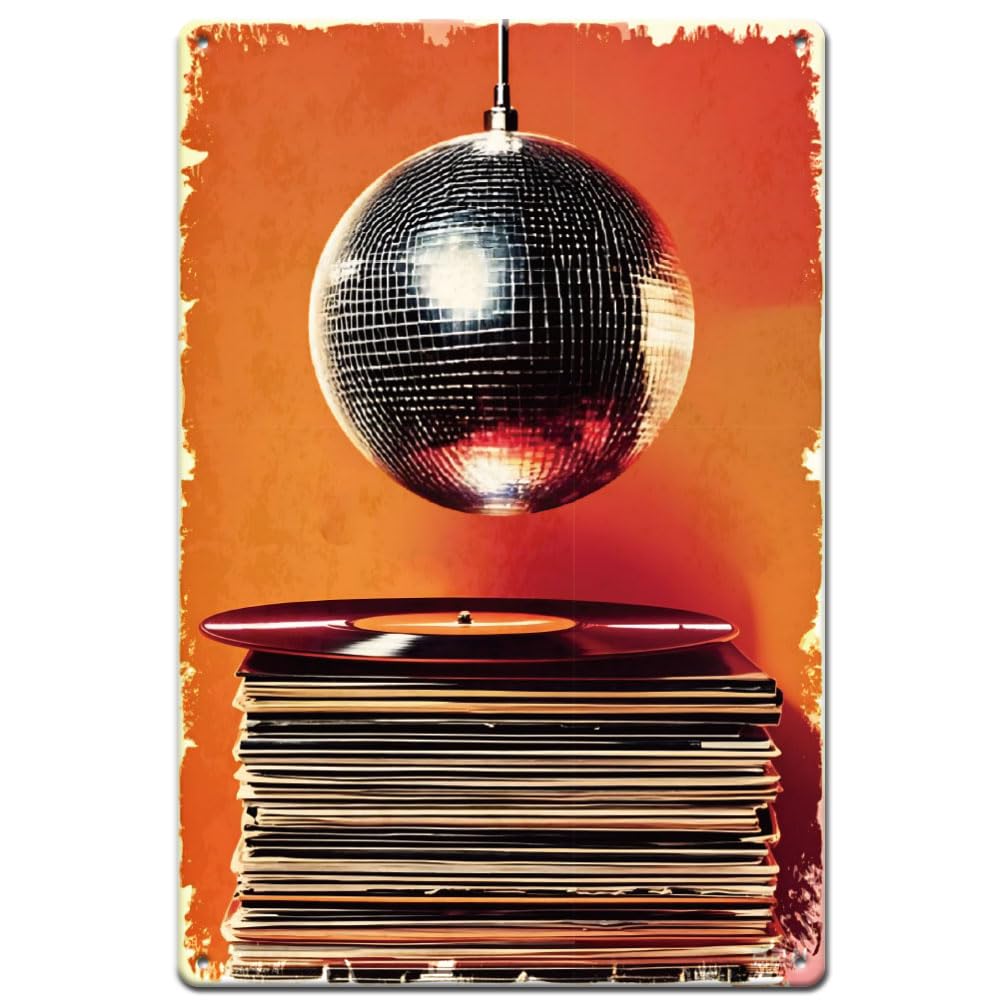 SUPERDANT Records and Disco Ball Tin Sign Retro Metal Poster Vintage Country Art Sign Light Globe Bedroom Decor Vintage Wall Art for Living Room Farm Garden Metal Plaque Poster Outdoor 20x30CM