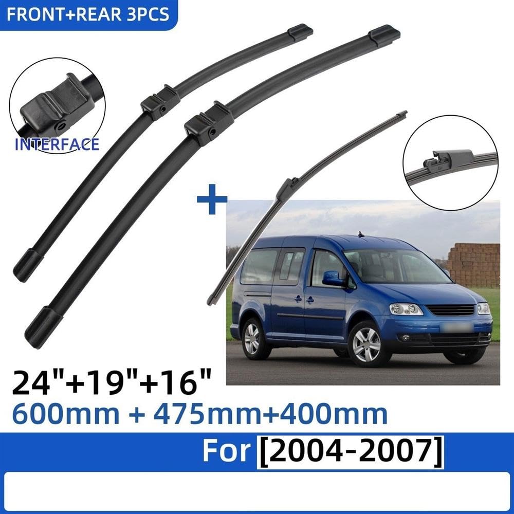 3 Uds Para Caddy 2K 2004-2007 Escobillas Limpiaparabrisas Delanteras Traseras Accesorios Ventana Parabrisas 24 "+ 19" + 16" Limpieza Parabrisas