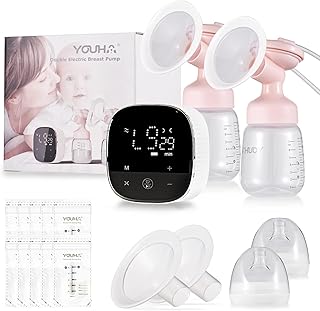 Hosioe Bomba tira leite elétrica dupla A3 para amamentação Bomba tira leite com as mãos livres 3 modos e 10 níveis de sucção Espelho anti-refluxo de baixo ruído Tela LED Controle de toque com garrafas de leite de 210 ml + 2