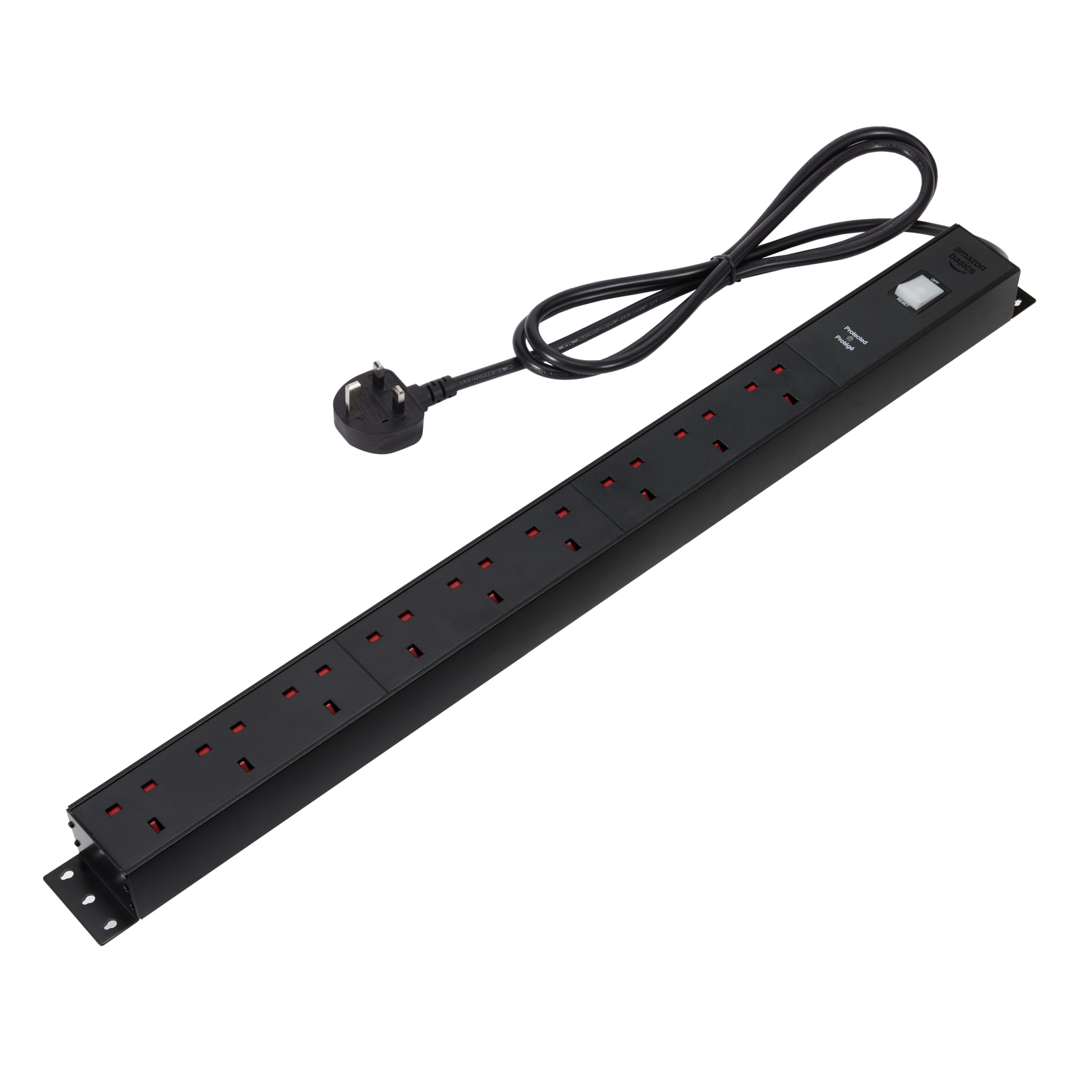 Amazon Basics Heavy-Duty 9-Way Metal Power Strip with Surge Protection, Safety Shutters, Socket Strip Extension, 1.8m Cable, Wall Mountable, 600J, Black