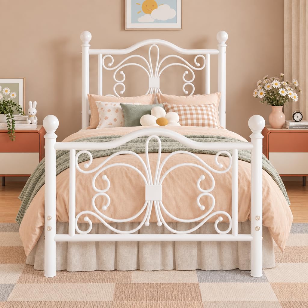 View 1 of ** stock photo for reference only ****Twin Bed Frame with Butterfly Pattern Design Headboard & Footboard, White