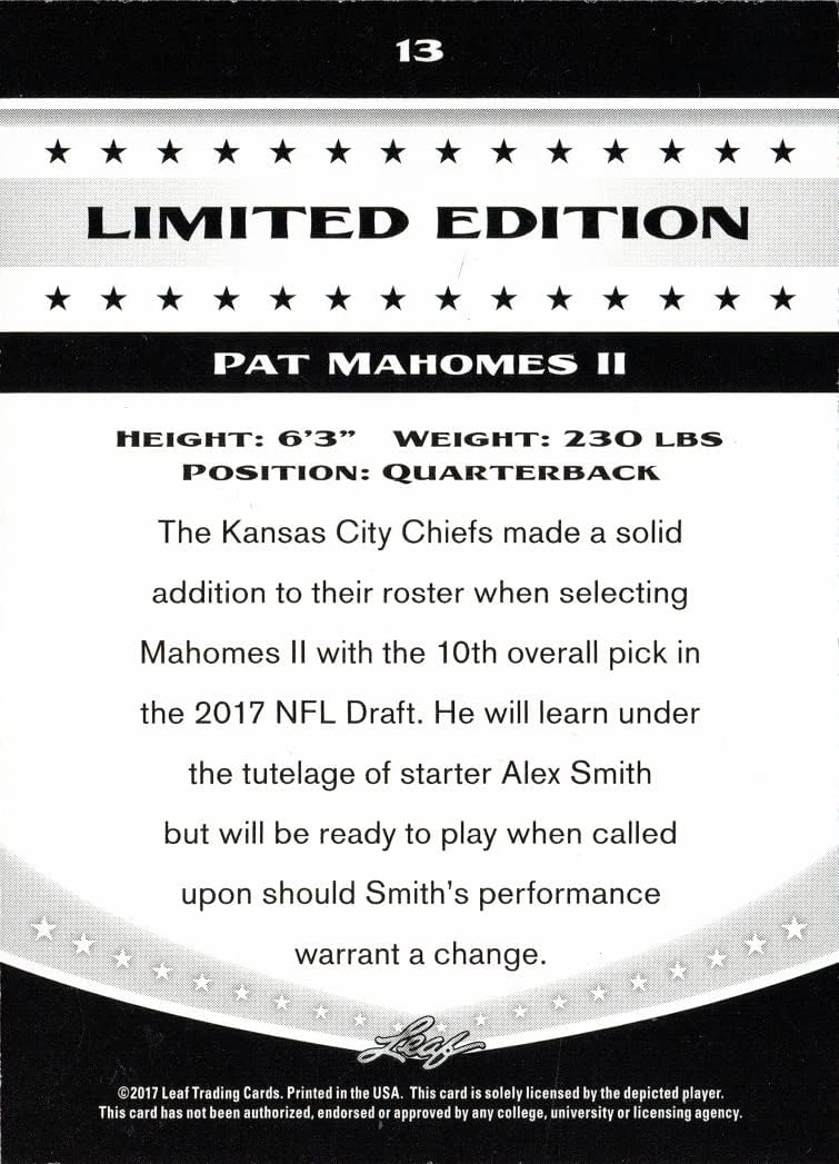 2017 Leaf Limited Edition Football #13 Pat (Patrick) Mahomes Pre-Rookie Card