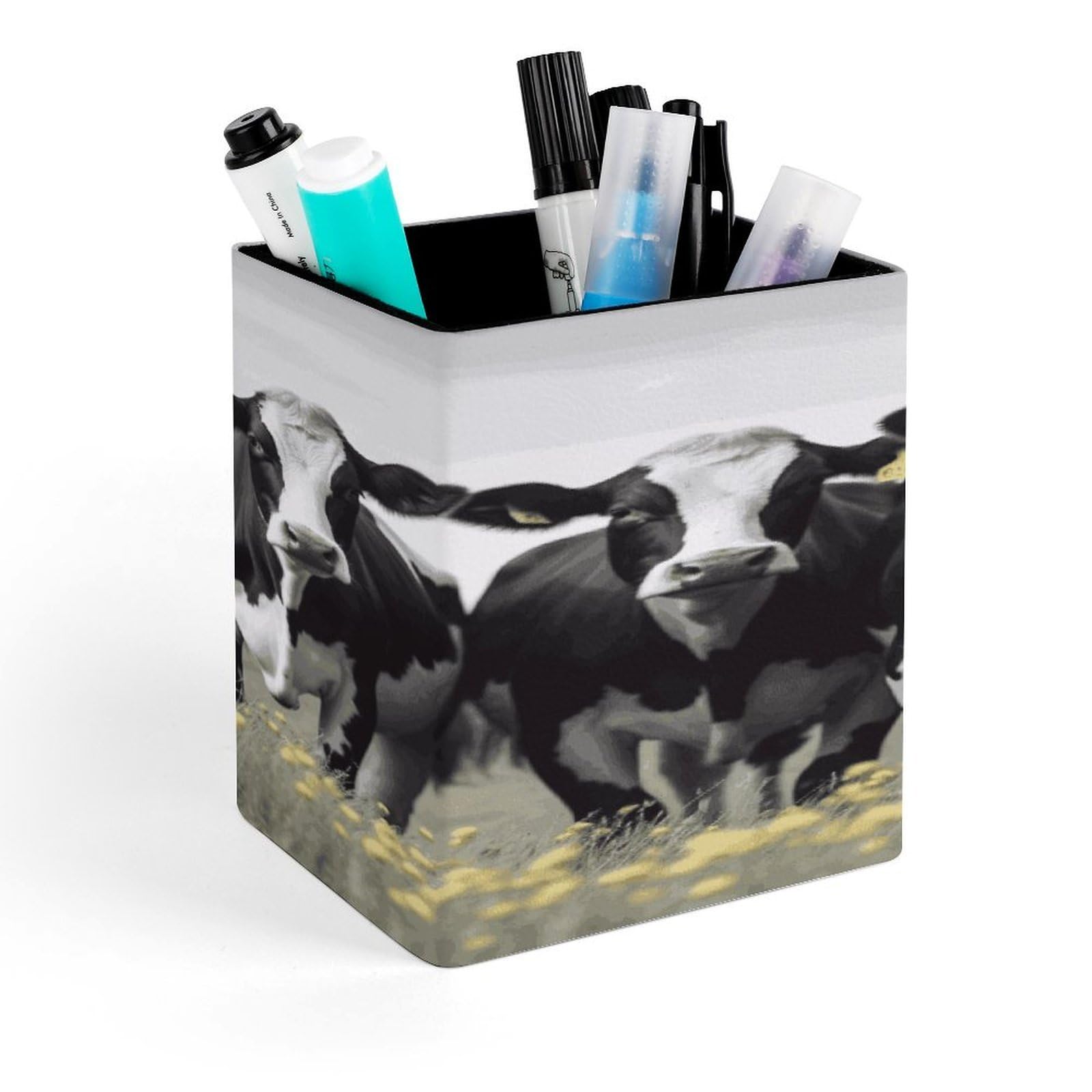 JTREHY Black White Cows Pen Holder Square Pen Pencil Holder Makeup Brush Holders Cup PU Leather Pencil Cups Desktop Caddy Stationery Organizer Case Office Accessories Container Box