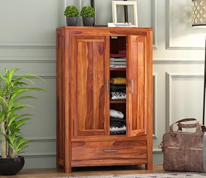 Krishna Wood Decor Wooden Wardrobe Bedroom Furniture Living Room || Wood Almirah Cabinet Storage Shelves || Cupboard Clothes Organizer Wardrobe 2 Door || 1 Drawers, Honey Finish