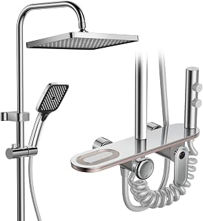 Columna Ducha con Grifo, Duchas de Baño Columna Cromo, Cabezal Ducha Lluvia, Chorro, Grifo y 3 Modos Alcachofa, Altura Ajustable, Acero Inoxidable