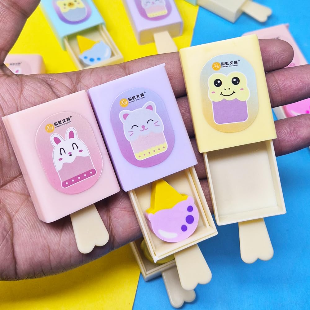 PARTEET Magic Box Pencil Eraser | Popsicle Shaped Ice Cream Drawer| Softy Shape Eraser |Birthday Return Gifts for Kids (Assorted Color) (Pack of 1) - Image 5 thumbnail