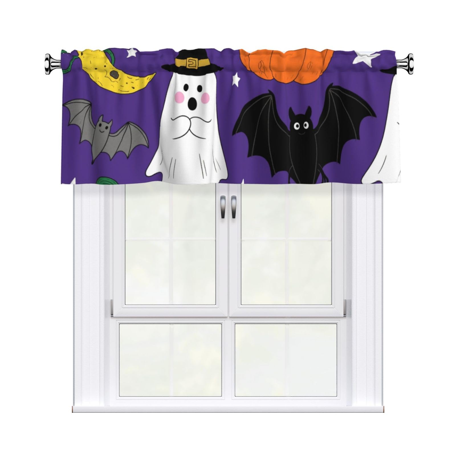 FekiLoot Ghost Pumpkin Moon Bat Spider Web Curtain Valance for Windows, Kitchen Window Valances Rod Pocket Window Treatments Short Curtains Drapes for Bathroom Bedroom Cafe Decor 54x18inch 1 Panel