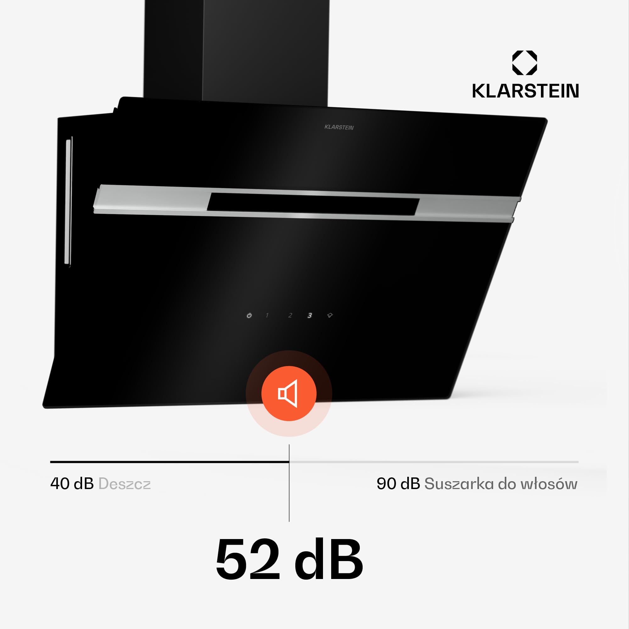 Klarstein Alina Okap kuchenny skośny – 60 cm, przepływ 600 m³/h, panel dotykowy, podświetlenie LED, cichy 68 dB, klasa energetyczna A, czarny, tryb wyciągu i recyrkulacji