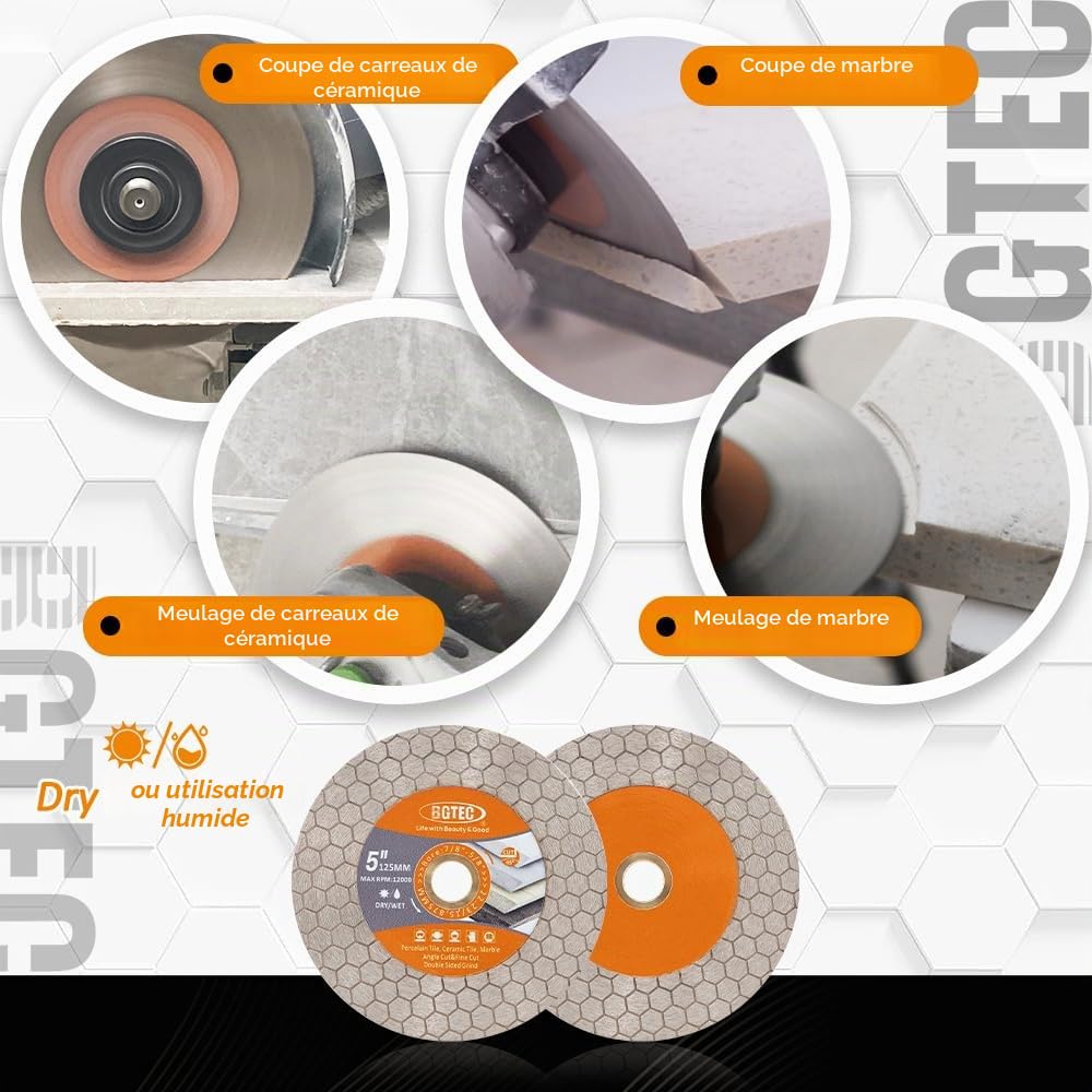 BGTEC Disque Diamant Carrelage 125mm avec Alésage 22,23mm | Double Face pour Carreaux de Céramique, Porcelaine, Marbre, Pierre Artificielle