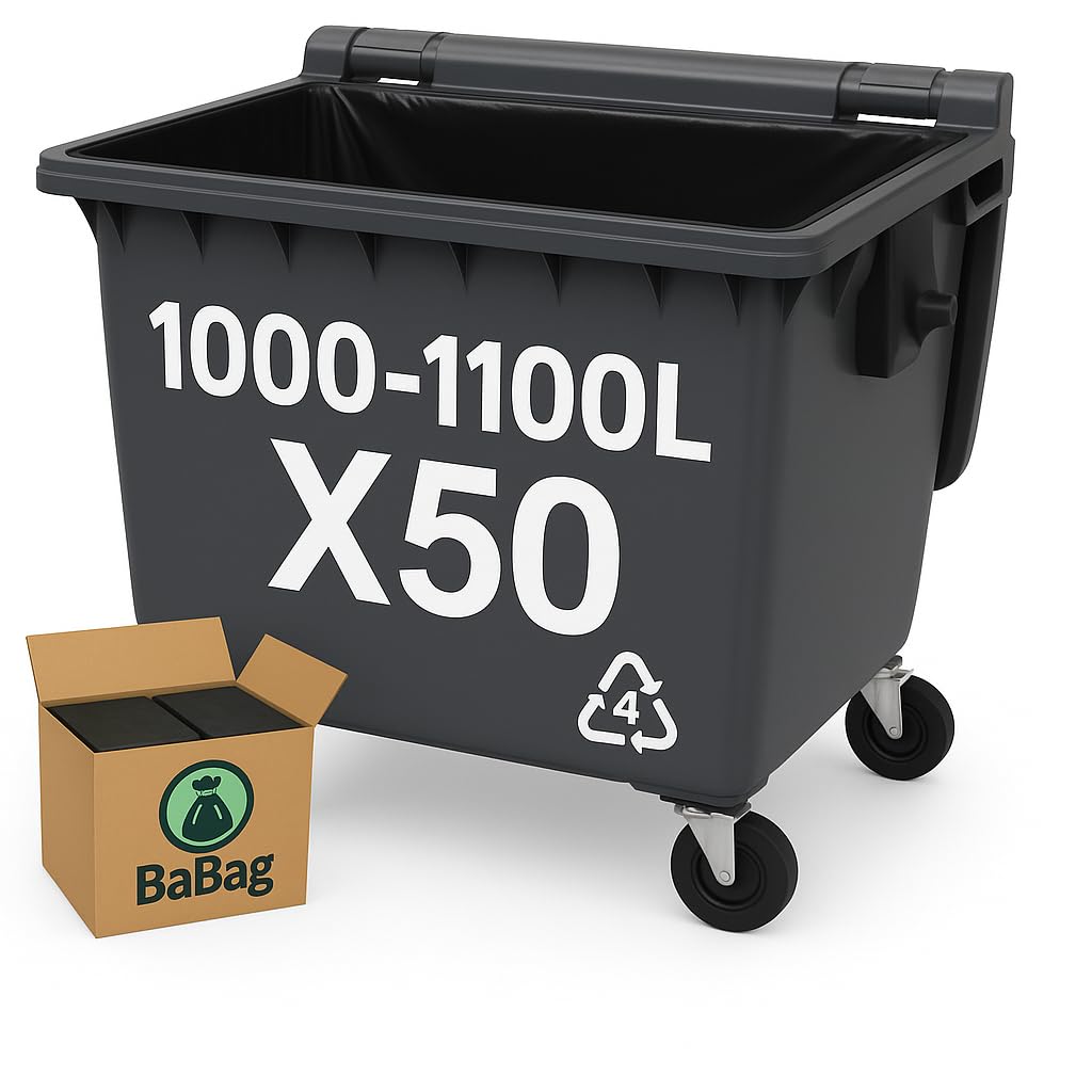 BaBag | Sac Poubelle 1000-1100L x 50 | Epaisseur 30 Microns | Certifié RSGP | Déchet Lourd & Coupant | Plastique 100% Recyclé | Étanche & Anti-Odeur | Housse Protection Conteneur 1000 Litres | 50 Sacs