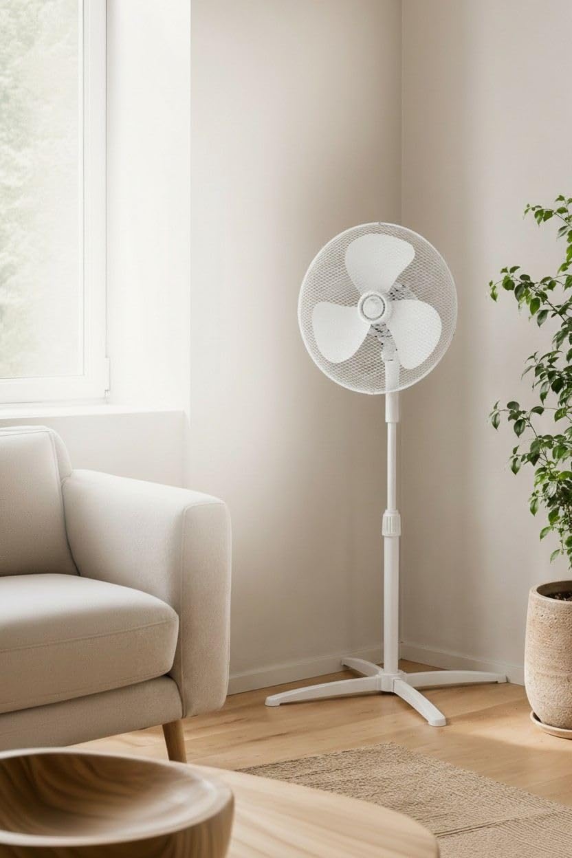 Opviq Kumtel regulowany biały wentylator z oscylacją 80°, 3 poziomy prędkości, silnik miedziany, 40 W, 42,1 x 10,5 x 56,3 cm