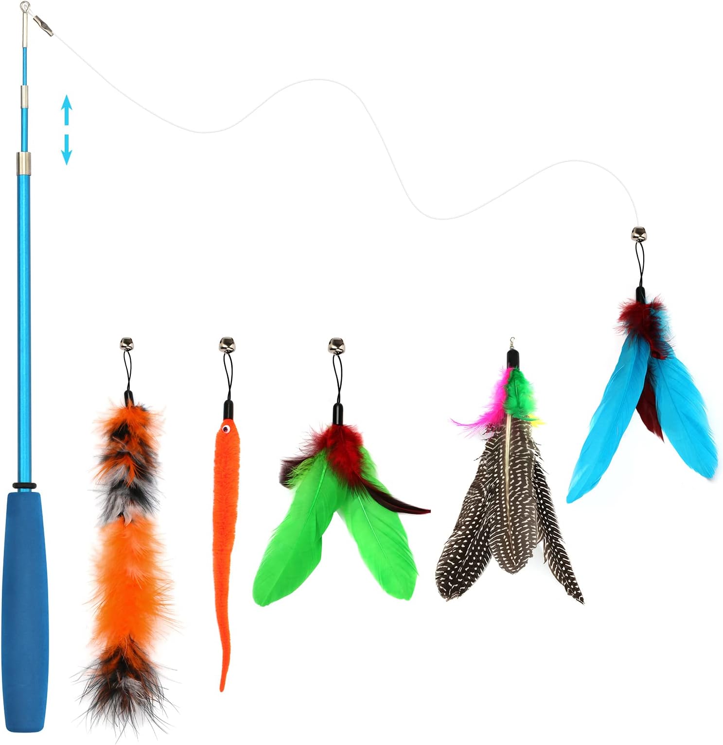 Depets Cat Feather Wand, Retractable Cat Wand Toy, 5PCS Assorted Feather Refills with Bell, Interactive Cat Toy Wand for Indoor Cat and Kitten Funny Exercise