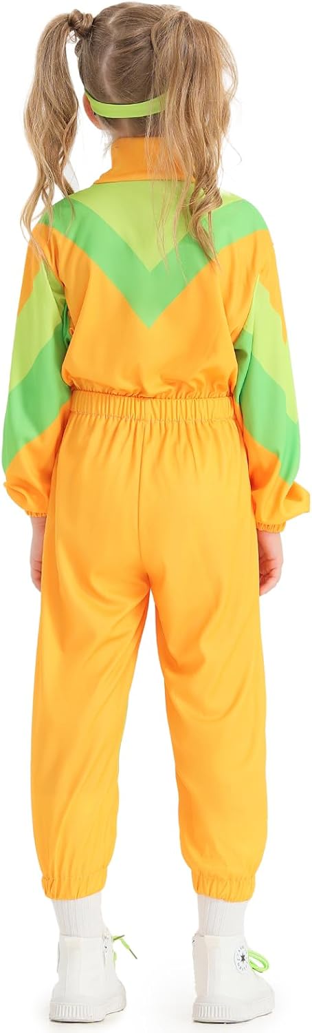 Girls 80s Tracksuit 80s Hip Hop Costume One Piece Tracksuit Kids Retro Colorblock Sportswear Windbreaker Sets - Image 4