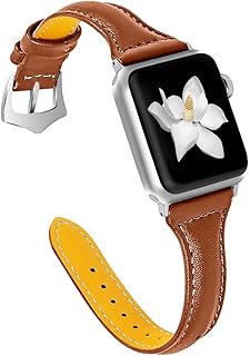 Jennyfly Compatible with Apple Watch Strap Band 40mm 38mm,Thin Genuine Leather Replacement Strap with Metal Buckle Adjustable 5.5-8.0 inch Compatible for iWatch Series 6/5/4/3/2/1 38MM/40MM - Brown