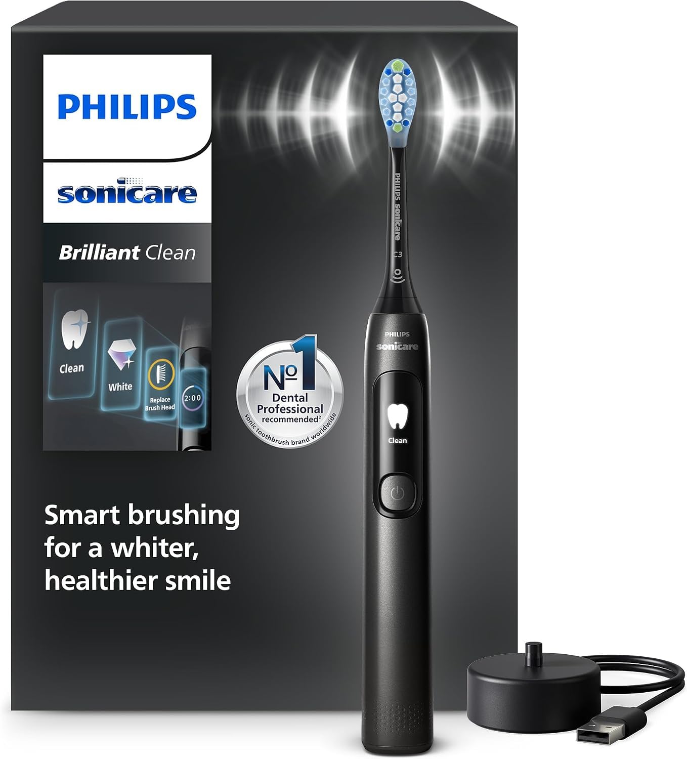 Philips Sonicare Brilliant Clean HX3792/21 - Spazzolino elettrico Smart Screen, ricambio testina, 2 modalità di spazzolatura e SmarTimer, colore: nero