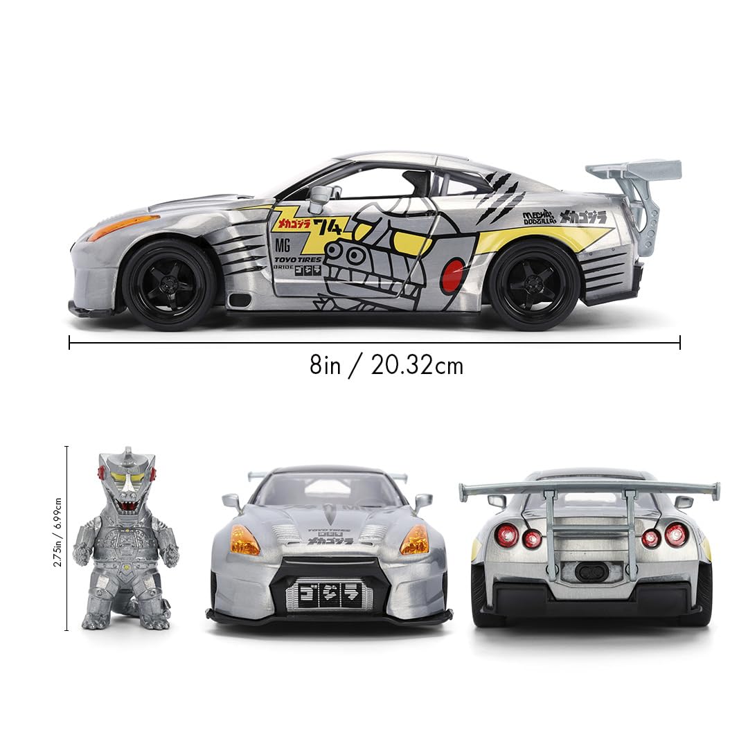 Jada Toys MechaGodzilla Auto Nissan GT-R R35 Ben Sopra 2009 (19 cm) z figurką (7 cm) – model samochodu z częściami do otwierania, zestaw zabawek z metalu dla fanów i dzieci od 8 lat