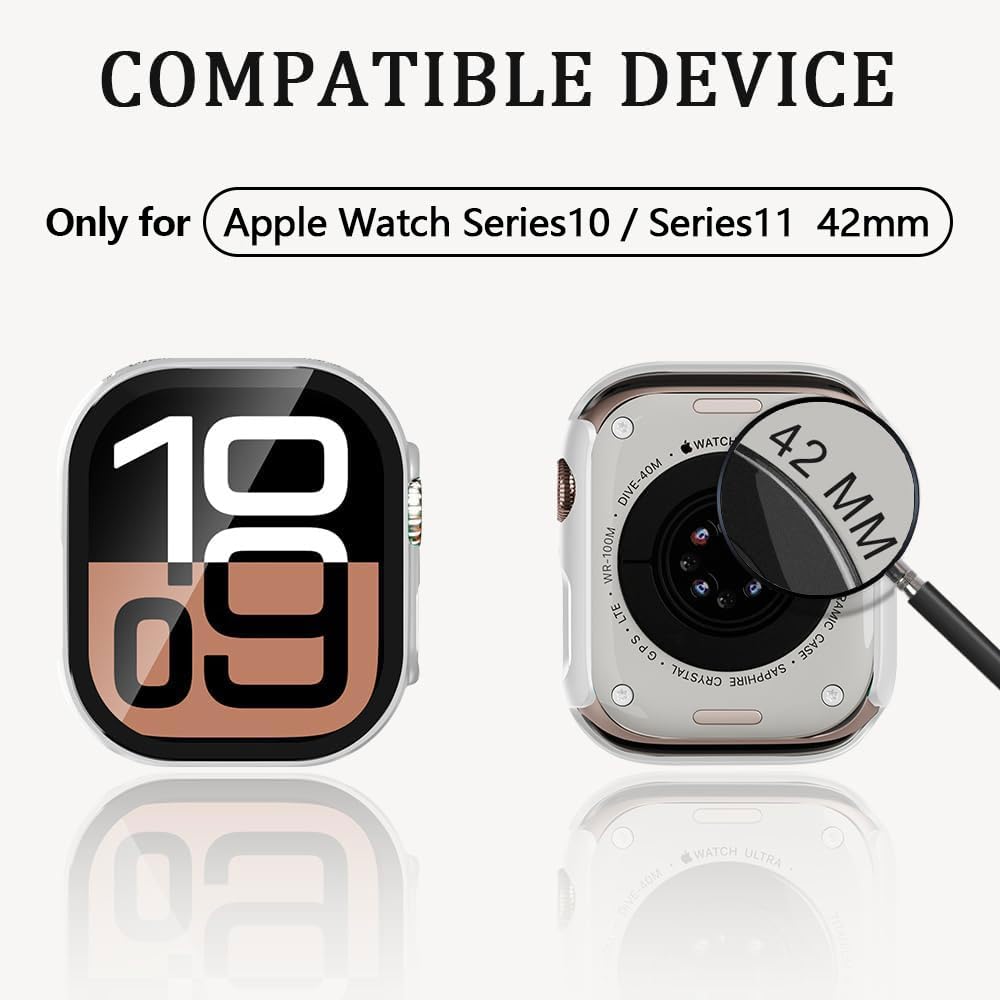 Paquete de 2 fundas rígidas de policarbonato para Apple Watch Series 10, protector de pantalla de 42 mm, con protector de pantalla de vidrio templado 9H, funda protectora completa para iWatch