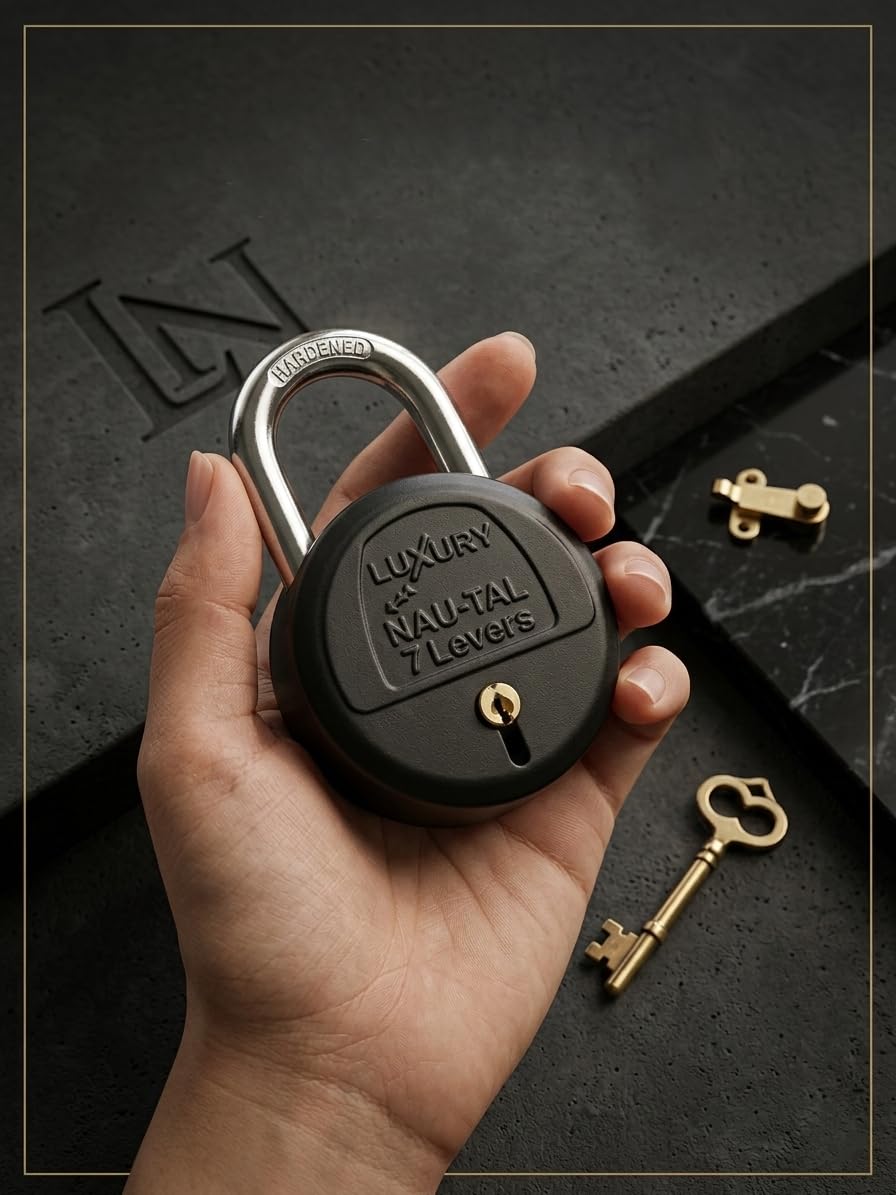 Luxury Nau-Tal 50mm Heavy Duty Double Locking Padlock with 3 Keys | 7 Lever High Security Lock | Matt Black Finish | Hardened Steel Shackle Anti-Cut Anti-Theft Lock for Door, Gate, Shutter, Warehouse-image-40