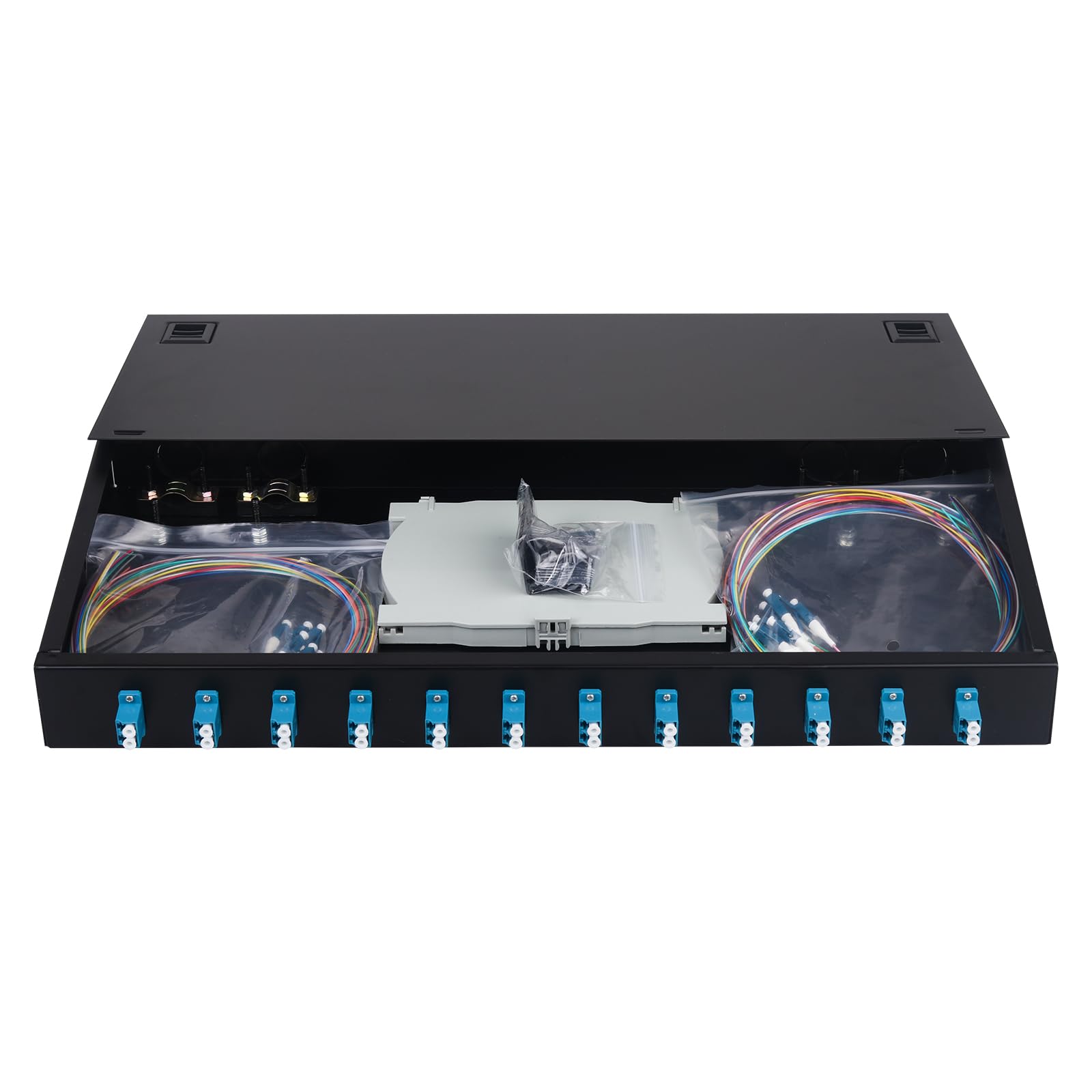 12 cajas dúplex monomodo de 24 puertos LC UPC para montaje en rack + bandejas de empalme, cables de fibra, kit LC-UPC (incluye acopladores y coleta), caja de panel de conexión LGX de 24