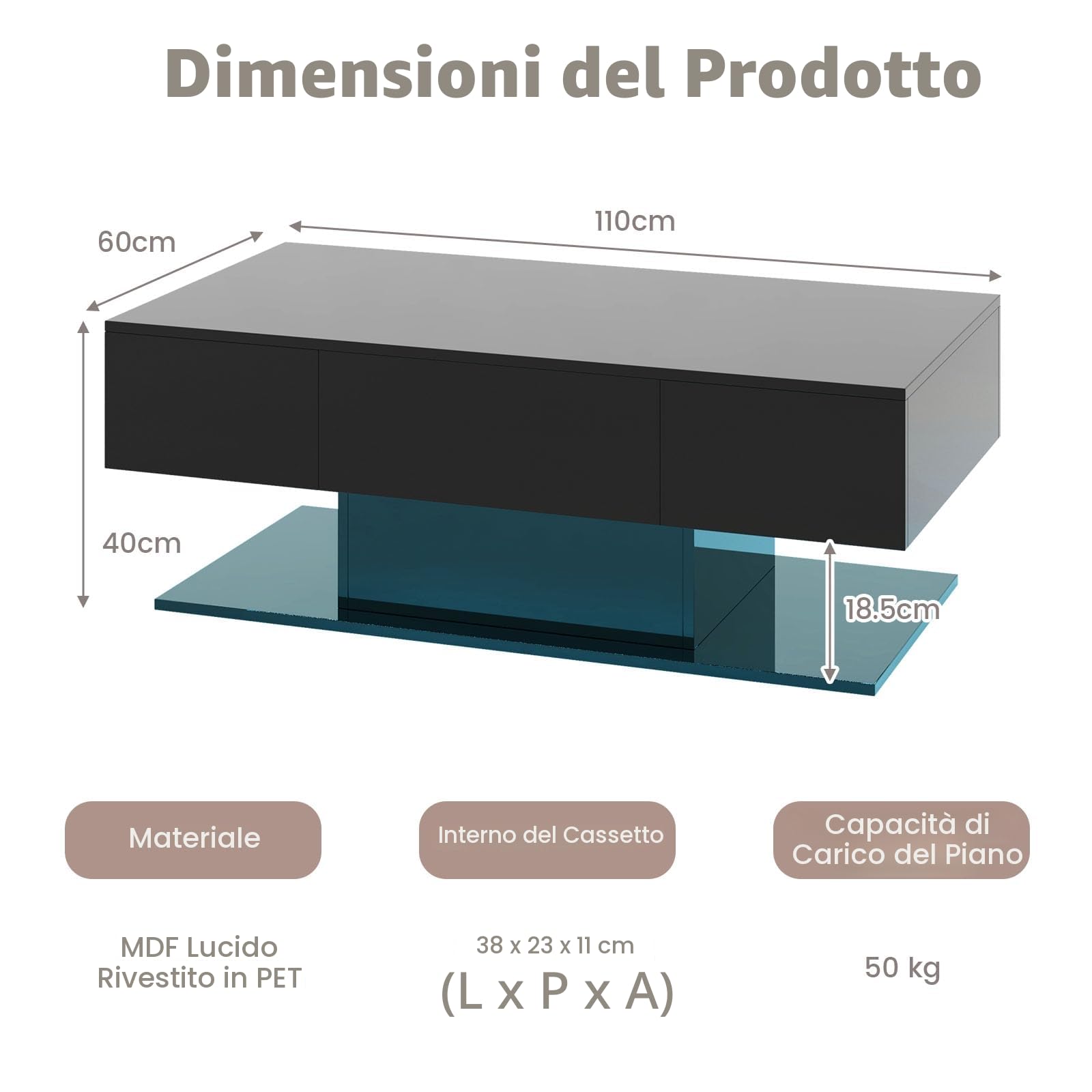 LIFEZEAL Tavolo Basso con Illuminazione LED, Tavolo da Salotto Lucido con 20 Colori e Telecomando, Tavolo Basso Moderno con 2 Cassetti, 110x60x40 cm, per Soggiorno, Ufficio (Nero)