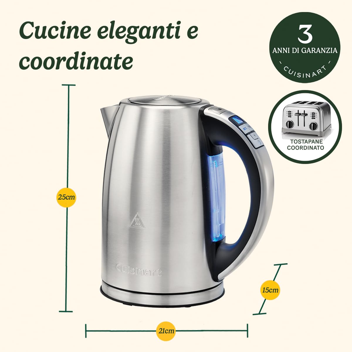 Cuisinart CPK17E Bollitore elettrico, Acciaio inox, display LCD e temperature regolabili da 85°C a 100°C, capacità 1.7 litri