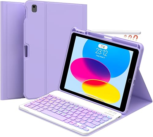 Miniatura 7 de Funda de teclado para iPad de 987 generación de 10.2 pulgadas, iPad Air 3 con tecladoPro de 10.5 pulgadas, 7 colores retroiluminados extraíbles BT