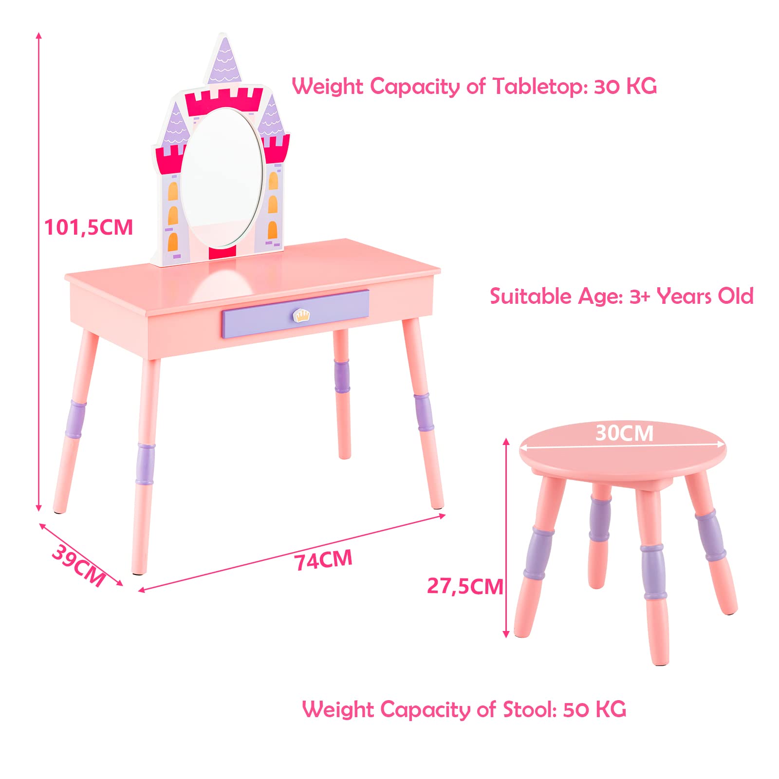 LIFEZEAL Tocador Infantil Castillo, Tocador Infantil con Espejo y Taburete 3+ Años, Tocador de Madera 74x39x101,5 CM, Capacidad de Carga 30/50 KG, Rosa