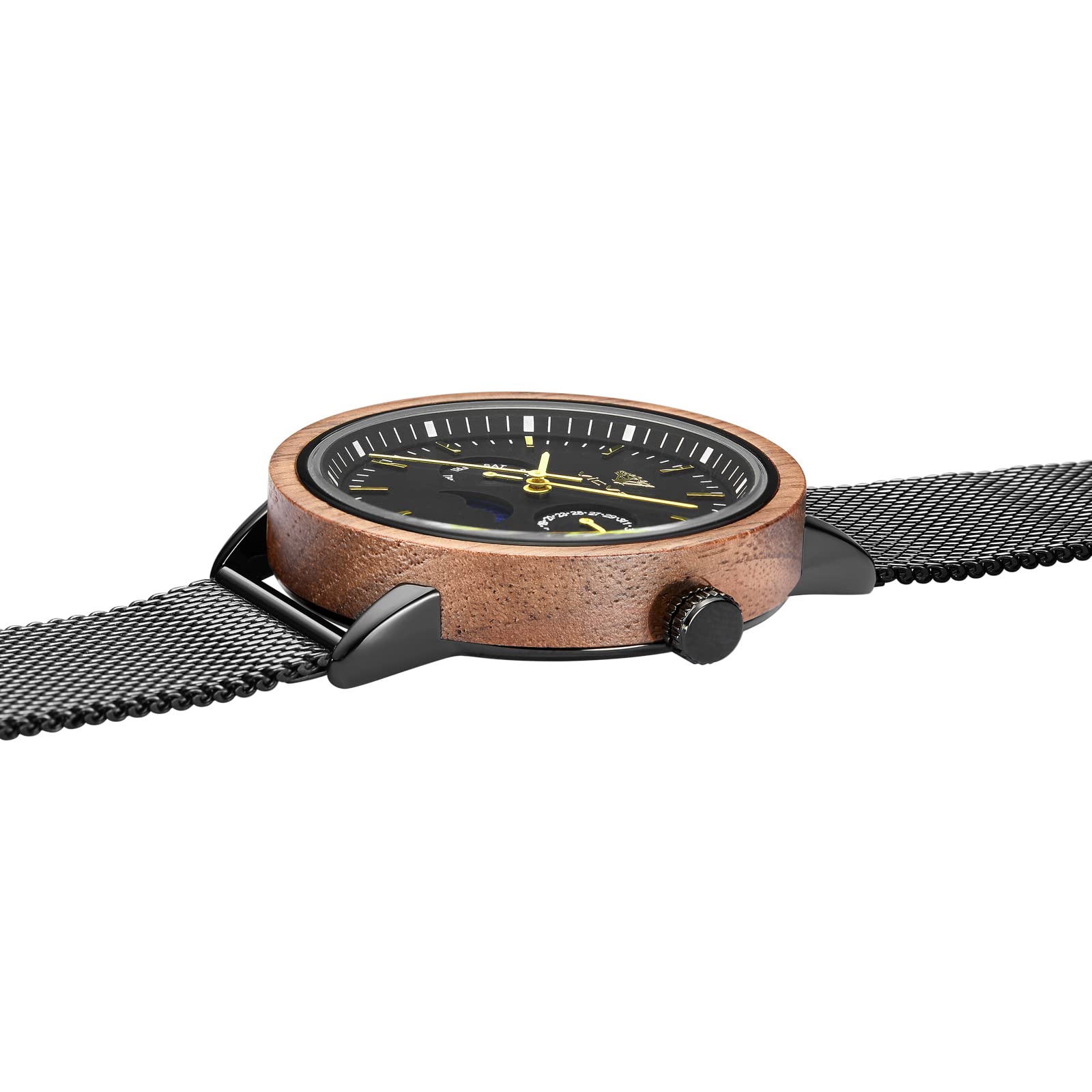 Orologio in Legno e Acciaio Inossidabile da Uomo - Con Data e Fase Lunare, Stile Casual e Sportivo
