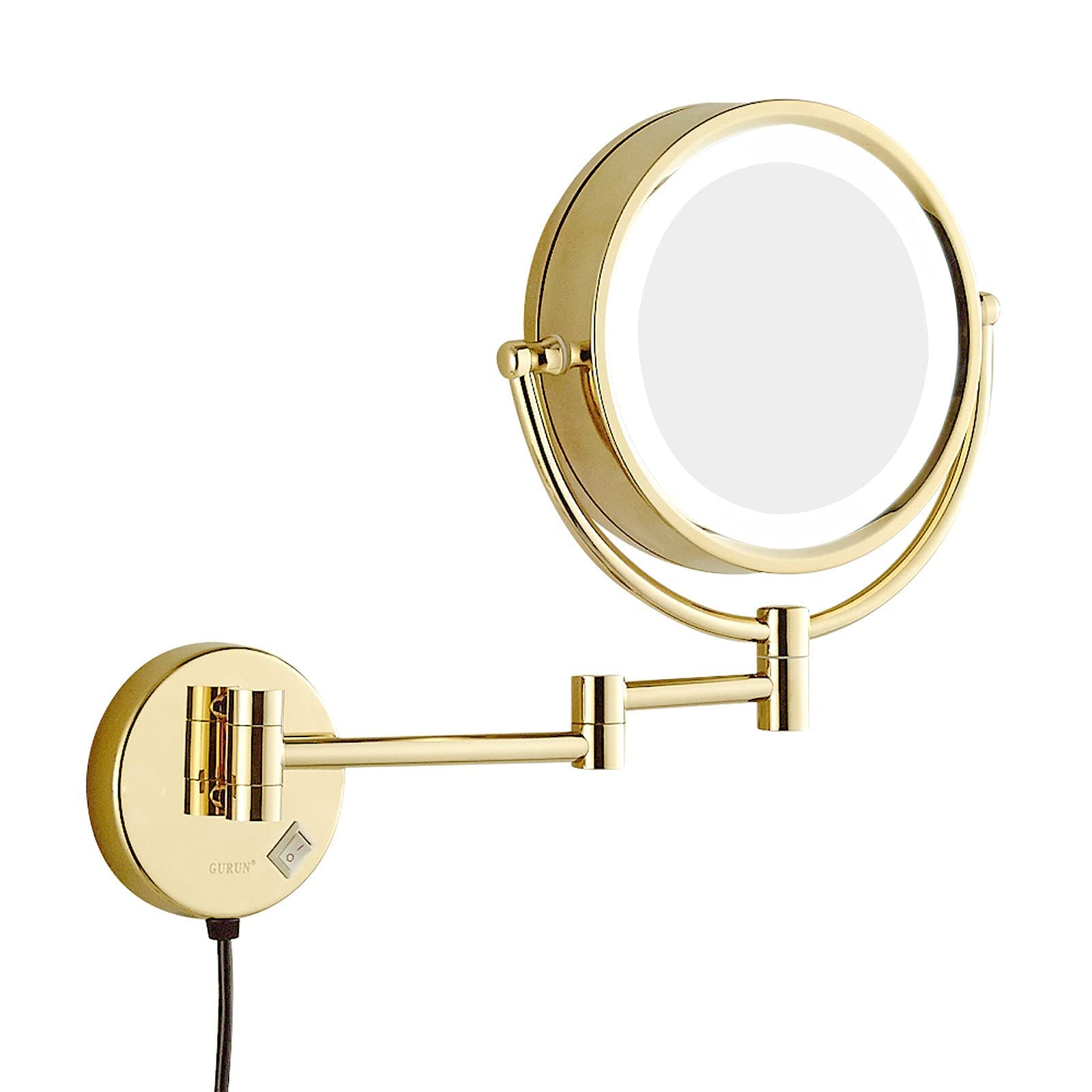 Miroir de maquillage LED mural doré 8,5 pouces loupe 5X pivotant