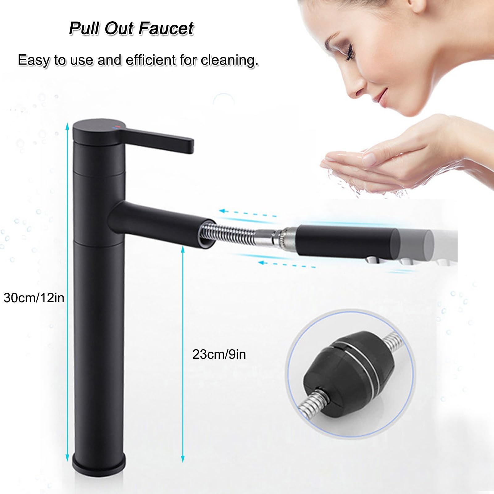 Halb versenktes Waschbecken mit ausziehbarem Wasserhahn, weißes Keramik-Spülbecken mit Waschbrett und Ablaufkontrolle, perfekt für Waschküche oder Garage